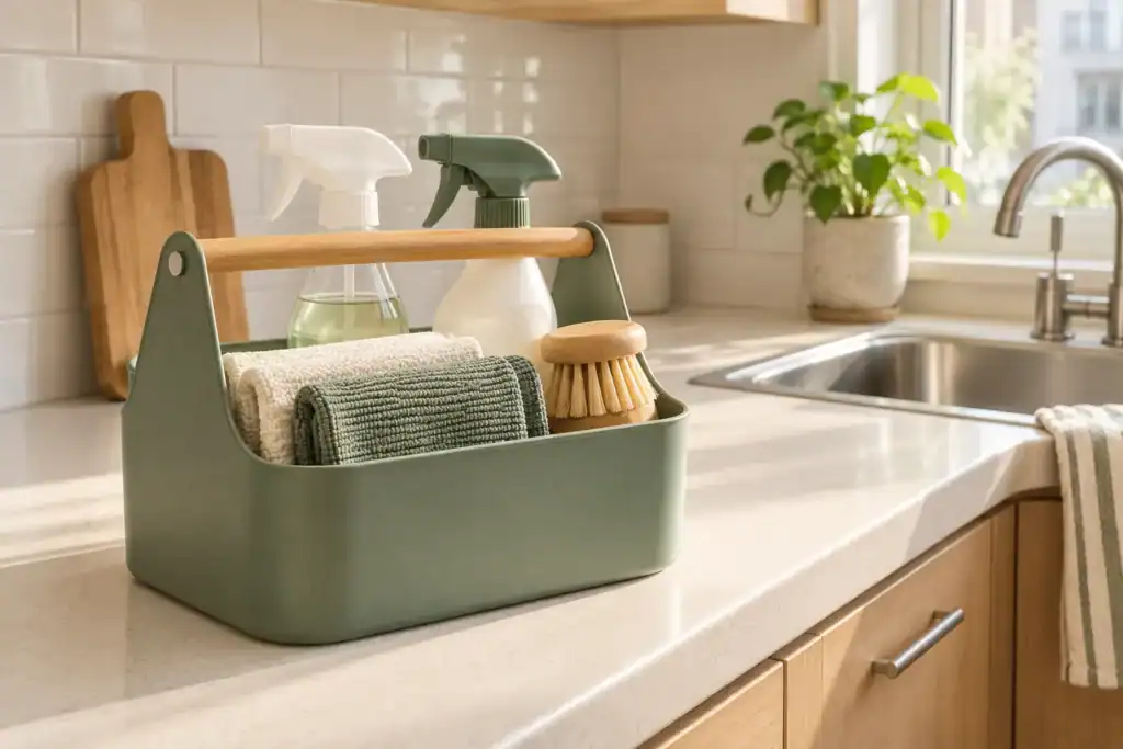 Green cleaning caddy with spray bottles and cloths on a kitchen counter